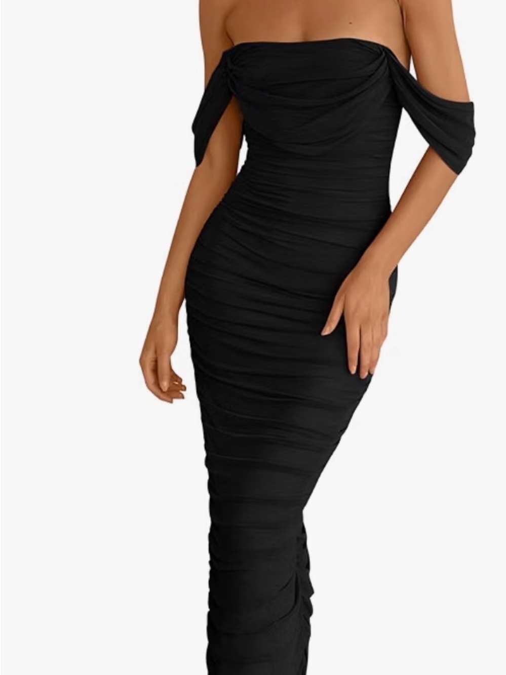 One-Shoulder Black Ruched Evening Dress